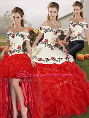 Fashionable White And Red Sleeveless Embroidery and Ruffles Floor Length 15th Birthday Dress