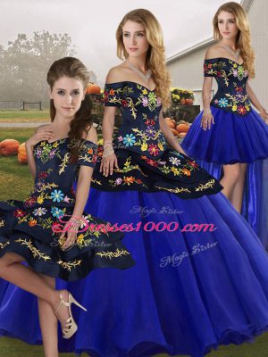 Royal Blue Off The Shoulder Lace Up Embroidery 15 Quinceanera Dress Sleeveless