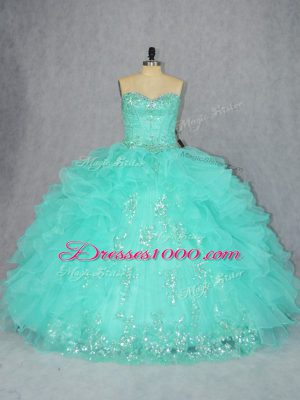Aqua Blue Sleeveless Organza Lace Up Quinceanera Gowns for Sweet 16 and Quinceanera