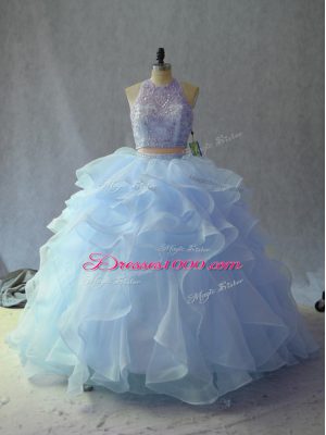 Affordable Halter Top Sleeveless Backless Beading and Ruffles Quinceanera Dress in Blue