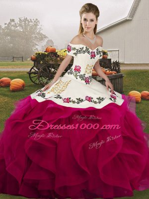 Fuchsia Quinceanera Gowns Military Ball and Sweet 16 and Quinceanera with Embroidery and Ruffles Off The Shoulder Sleeveless Lace Up