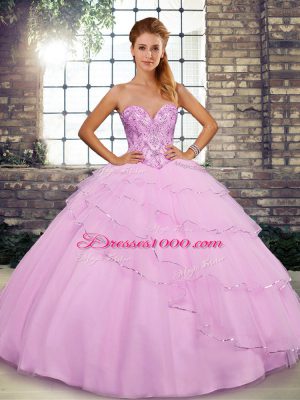 Beauteous Lilac Ball Gowns Beading and Ruffled Layers Quinceanera Gown Lace Up Tulle Sleeveless