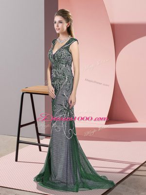 Dark Green Mermaid Beading Going Out Dresses Zipper Tulle Sleeveless