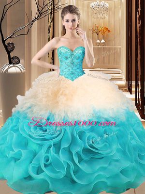 Unique Fabric With Rolling Flowers Sleeveless Floor Length Quinceanera Gowns and Beading and Ruffles