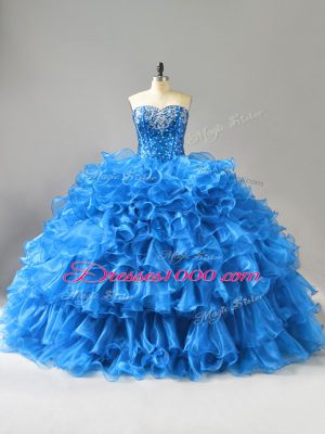 Beading and Ruffles and Sequins Sweet 16 Dresses Blue Lace Up Sleeveless Floor Length