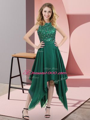 Beautiful Dark Green Chiffon Zipper High-neck Sleeveless Asymmetrical Party Dress for Girls Beading and Sequins