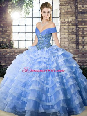 Sleeveless Organza Brush Train Lace Up Quinceanera Dress in Blue with Beading and Ruffled Layers