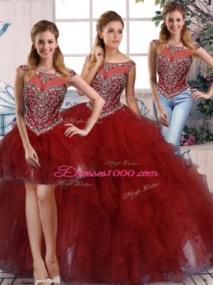 Three Pieces 15th Birthday Dress Burgundy Scoop Organza Sleeveless Floor Length Zipper