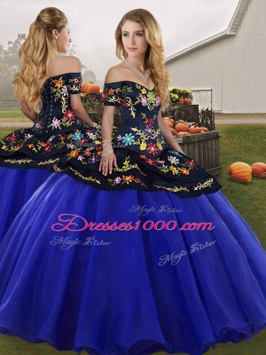 Free and Easy Sleeveless Floor Length Embroidery Lace Up Sweet 16 Dress with Royal Blue