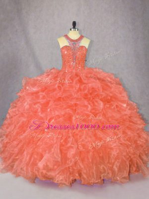 Scoop Sleeveless Zipper Sweet 16 Quinceanera Dress Orange Organza