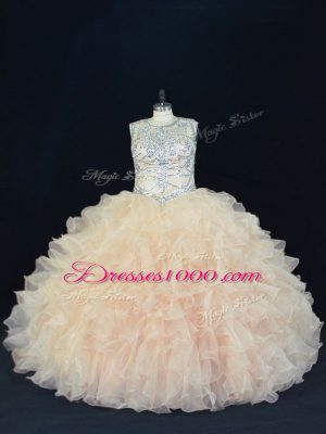 Champagne Scoop Lace Up Beading and Ruffles Sweet 16 Dresses Sleeveless