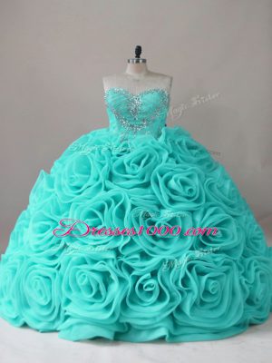 Glamorous Aqua Blue Ball Gowns Sweetheart Sleeveless Fabric With Rolling Flowers Lace Up Beading Quinceanera Dress