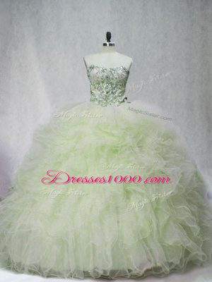 Glorious Sweetheart Sleeveless Quinceanera Dress Brush Train Beading Yellow Green Tulle
