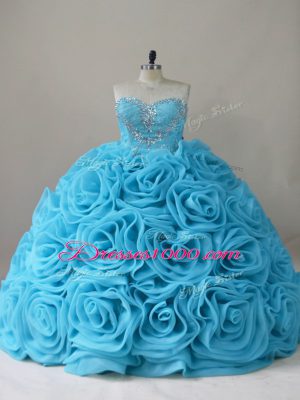 Beading Quinceanera Gown Baby Blue Side Zipper Sleeveless Brush Train