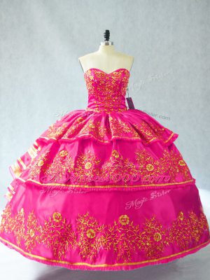 Luxury Hot Pink Sweetheart Lace Up Embroidery and Ruffled Layers Ball Gown Prom Dress Sleeveless