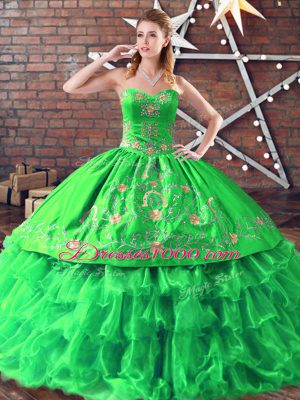 Lovely Sweetheart Sleeveless Sweet 16 Dress Floor Length Embroidery Green Organza