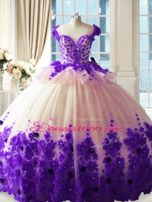 Brush Train Ball Gowns Quinceanera Gown White And Purple Scoop Tulle Sleeveless Zipper