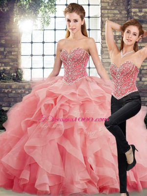 Inexpensive Watermelon Red Sweet 16 Quinceanera Dress Tulle Brush Train Sleeveless Beading and Ruffles