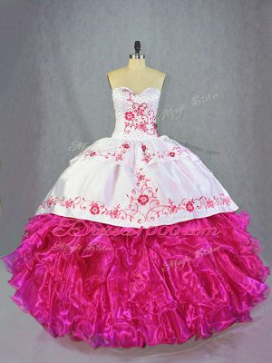 Sweetheart Sleeveless Vestidos de Quinceanera Brush Train Beading and Embroidery and Ruffles Hot Pink Organza