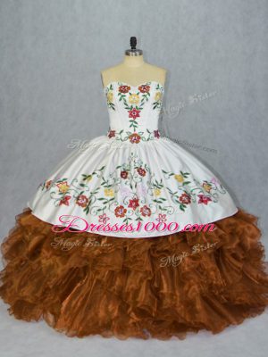 Perfect Brown Lace Up Sweetheart Embroidery and Ruffles Quinceanera Gowns Organza Sleeveless