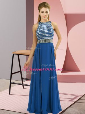 On Sale Blue Empire Scoop Sleeveless Chiffon Floor Length Side Zipper Beading Prom Dresses