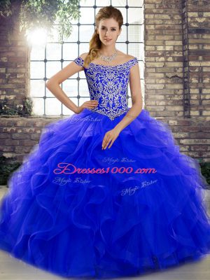 Gorgeous Brush Train Ball Gowns Quinceanera Dress Royal Blue Off The Shoulder Tulle Sleeveless Lace Up
