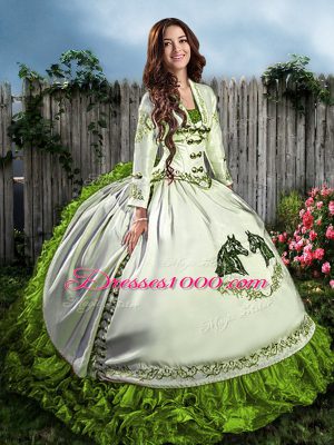 Sweetheart Sleeveless Quinceanera Dresses Floor Length Embroidery and Ruffles Olive Green Organza