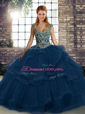 Fancy Straps Sleeveless Lace Up Quinceanera Dress Blue Tulle