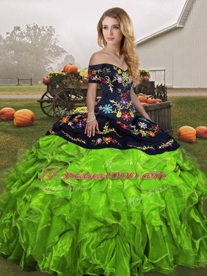 Exceptional Off The Shoulder Sleeveless Sweet 16 Dresses Floor Length Embroidery and Ruffles Organza