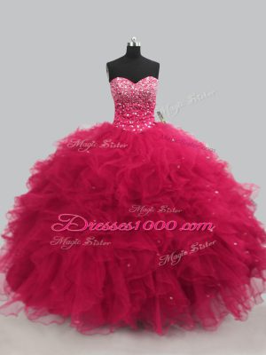 Hot Pink Sweetheart Lace Up Beading and Ruffles Ball Gown Prom Dress Sleeveless