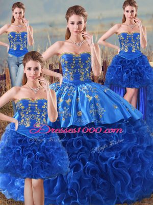 Embroidery and Ruffles Quinceanera Gown Royal Blue Lace Up Sleeveless Floor Length
