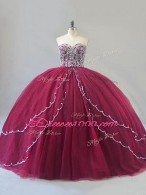 Sweetheart Sleeveless Tulle Quinceanera Gowns Beading Brush Train Lace Up