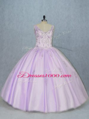 Lavender Ball Gowns Beading Sweet 16 Dresses Lace Up Tulle Sleeveless Floor Length