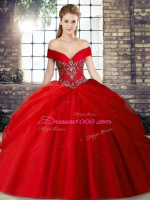 Hot Sale Red Sleeveless Tulle Brush Train Lace Up 15 Quinceanera Dress for Military Ball and Sweet 16 and Quinceanera