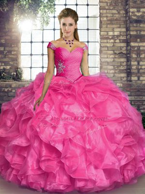 Hot Pink Lace Up Off The Shoulder Beading and Ruffles Quinceanera Gown Organza Sleeveless