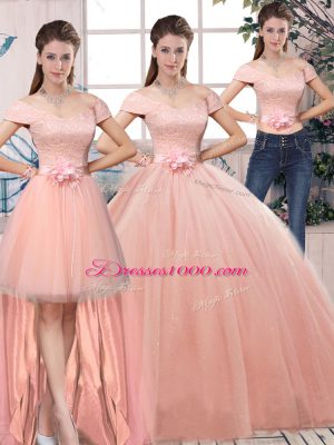 Floor Length Pink Sweet 16 Dresses Off The Shoulder Short Sleeves Lace Up