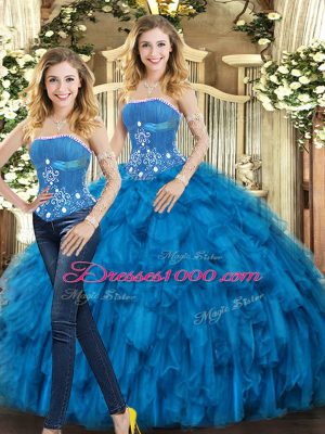 Blue Sleeveless Beading and Ruffles Floor Length 15th Birthday Dress