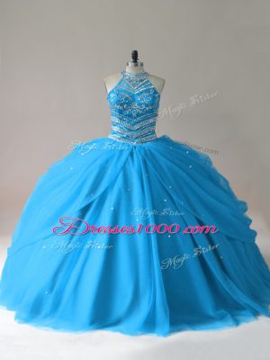 Floor Length Baby Blue Quinceanera Dresses Tulle Sleeveless Beading