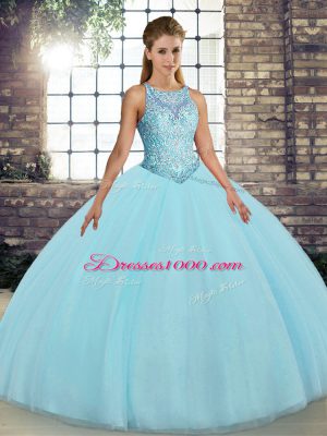 Embroidery Sweet 16 Quinceanera Dress Aqua Blue Lace Up Sleeveless Floor Length