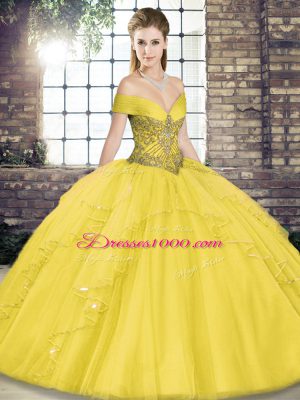 Gold Ball Gowns Tulle Off The Shoulder Sleeveless Beading and Ruffles Floor Length Lace Up Quinceanera Gowns