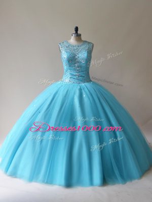 Floor Length Lace Up Ball Gown Prom Dress Baby Blue for Sweet 16 and Quinceanera with Beading