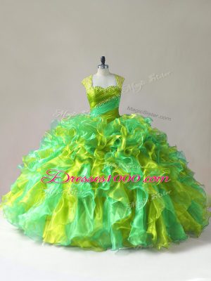 Graceful Multi-color Zipper Straps Beading and Ruffles Quinceanera Dress Organza Sleeveless