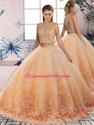 Peach Sleeveless Lace Backless Sweet 16 Dresses
