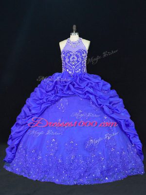 Floor Length Royal Blue Ball Gown Prom Dress Taffeta Sleeveless Beading and Appliques and Embroidery and Pick Ups