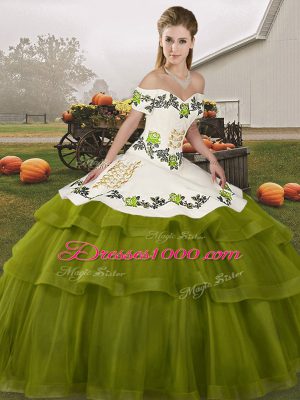 Glamorous Olive Green Tulle Lace Up Vestidos de Quinceanera Sleeveless Brush Train Embroidery and Ruffled Layers