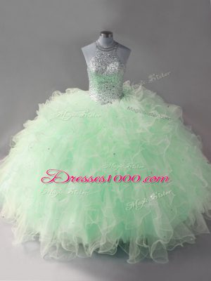 Great Beading and Ruffles Quinceanera Gown Apple Green Lace Up Sleeveless Floor Length