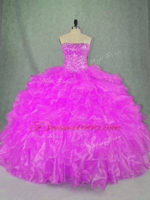Lilac Organza Lace Up 15 Quinceanera Dress Sleeveless Floor Length Beading and Ruffles