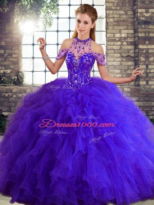 Enchanting Purple Tulle Lace Up Halter Top Sleeveless Floor Length Quinceanera Gowns Beading and Ruffles