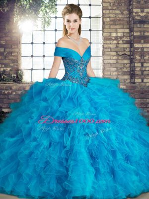 Beading and Ruffles Quince Ball Gowns Blue Lace Up Sleeveless Floor Length