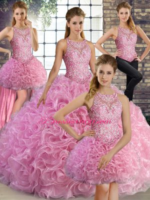 Suitable Beading Sweet 16 Dresses Rose Pink Lace Up Sleeveless Floor Length